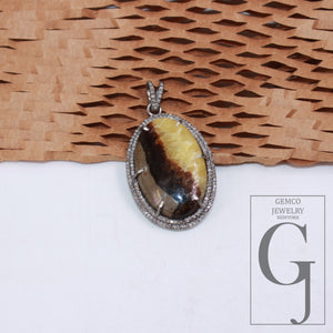 34.10ct Septarian jasper pendant gemstone designer Rosecut pave diamond pendant 925 sterling silver handmade finish diamond necklace pendant