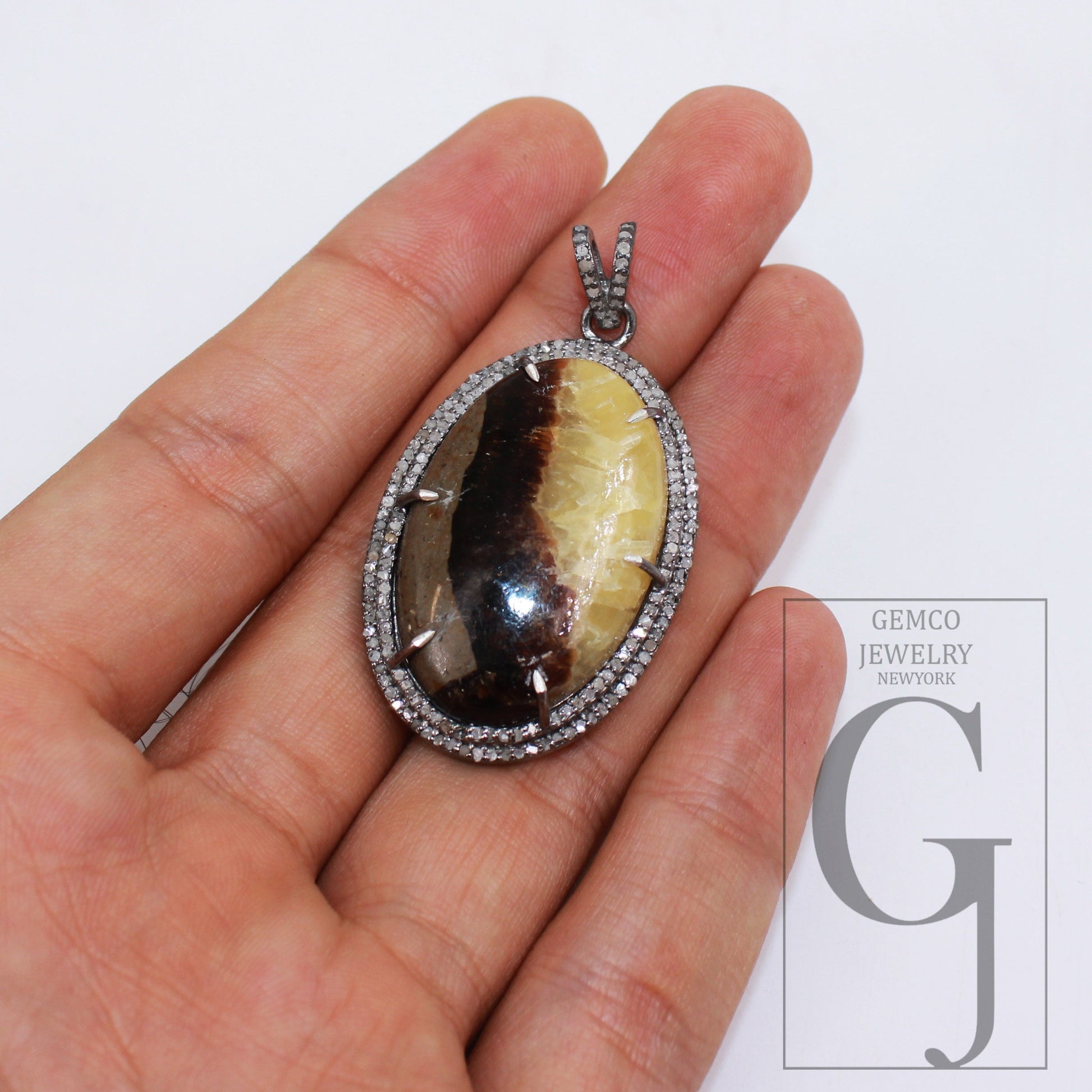 34.10ct Septarian jasper pendant gemstone designer Rosecut pave diamond pendant 925 sterling silver handmade finish diamond necklace pendant