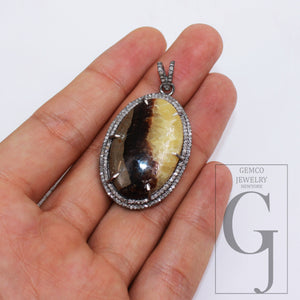 34.10ct Septarian jasper pendant gemstone designer Rosecut pave diamond pendant 925 sterling silver handmade finish diamond necklace pendant