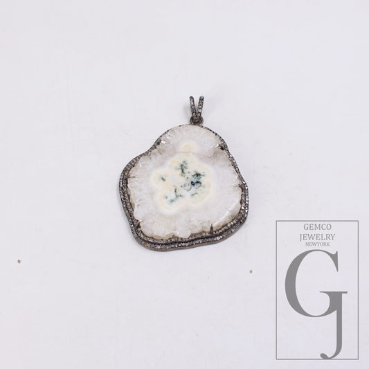 1pc Druzy Agate Slice white SOLAR Agate pendant Rosecut pave diamond pendant 925 sterling silver handmade finish diamond necklace pendant