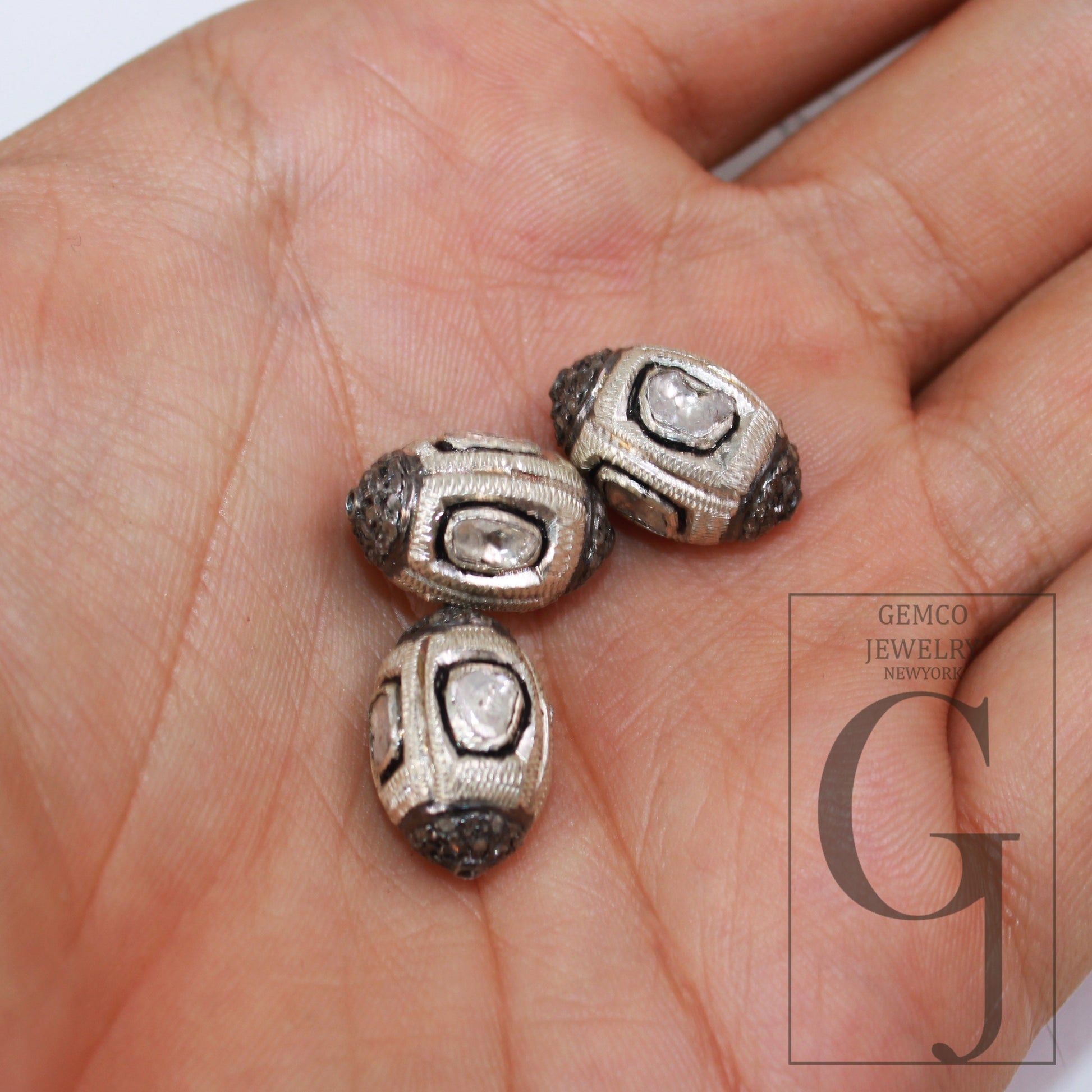 Silver polki design Rosecut pave diamond bead 925 sterling silver handmade silver finish flat slice diamond bead jewelry necklace supplies