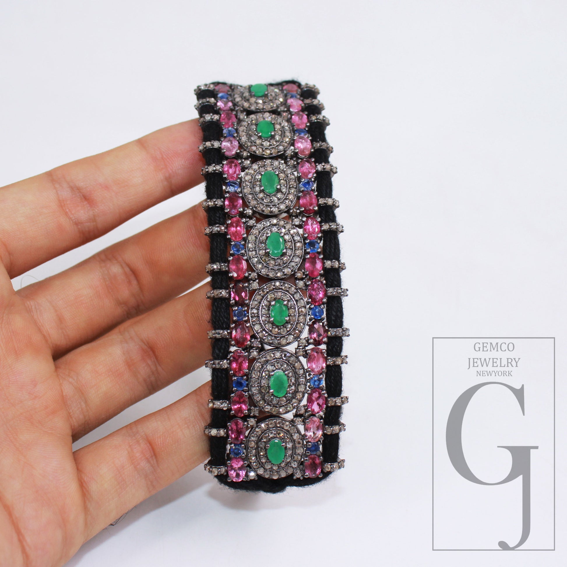 Pink tourmaline and emerald design thread bracelet pave diamond thread bangle bracelet 925 sterling silver handmade finish bangle bracelet