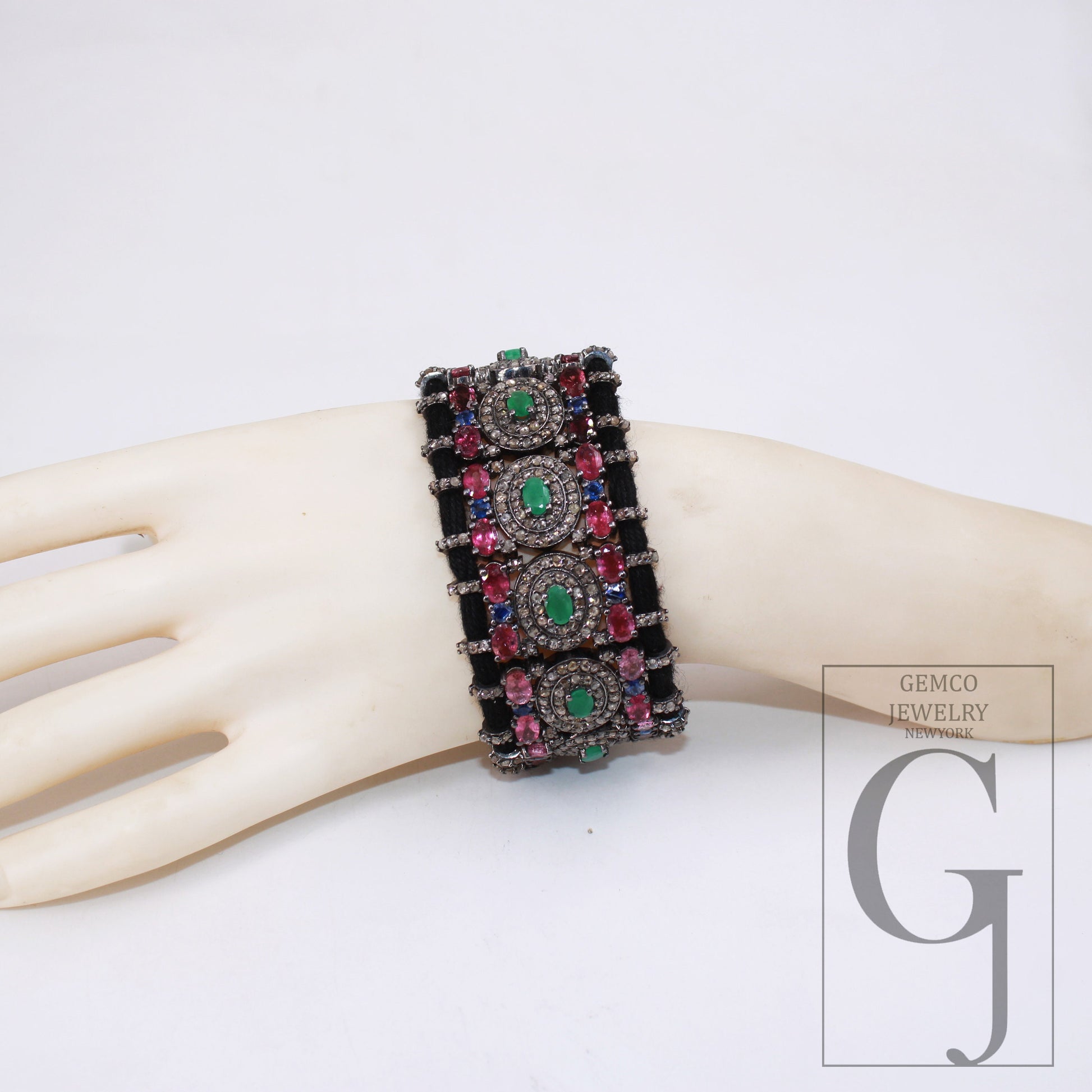 Pink tourmaline and emerald design thread bracelet pave diamond thread bangle bracelet 925 sterling silver handmade finish bangle bracelet