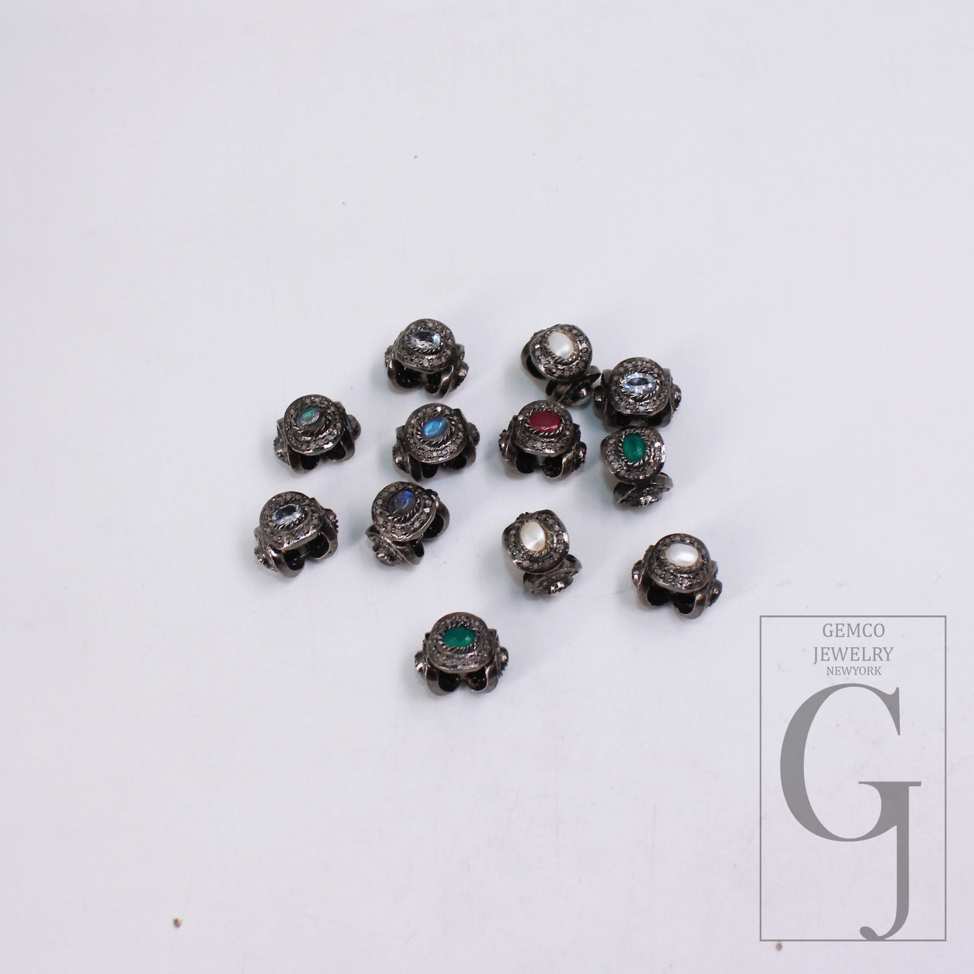 1pc Pave Rosecut Diamond 925 Sterling Silver Handmade Pave Diamond With Different Gem Stones Rondelles/Bead/Spacer 12mm Size Jewley Supplies