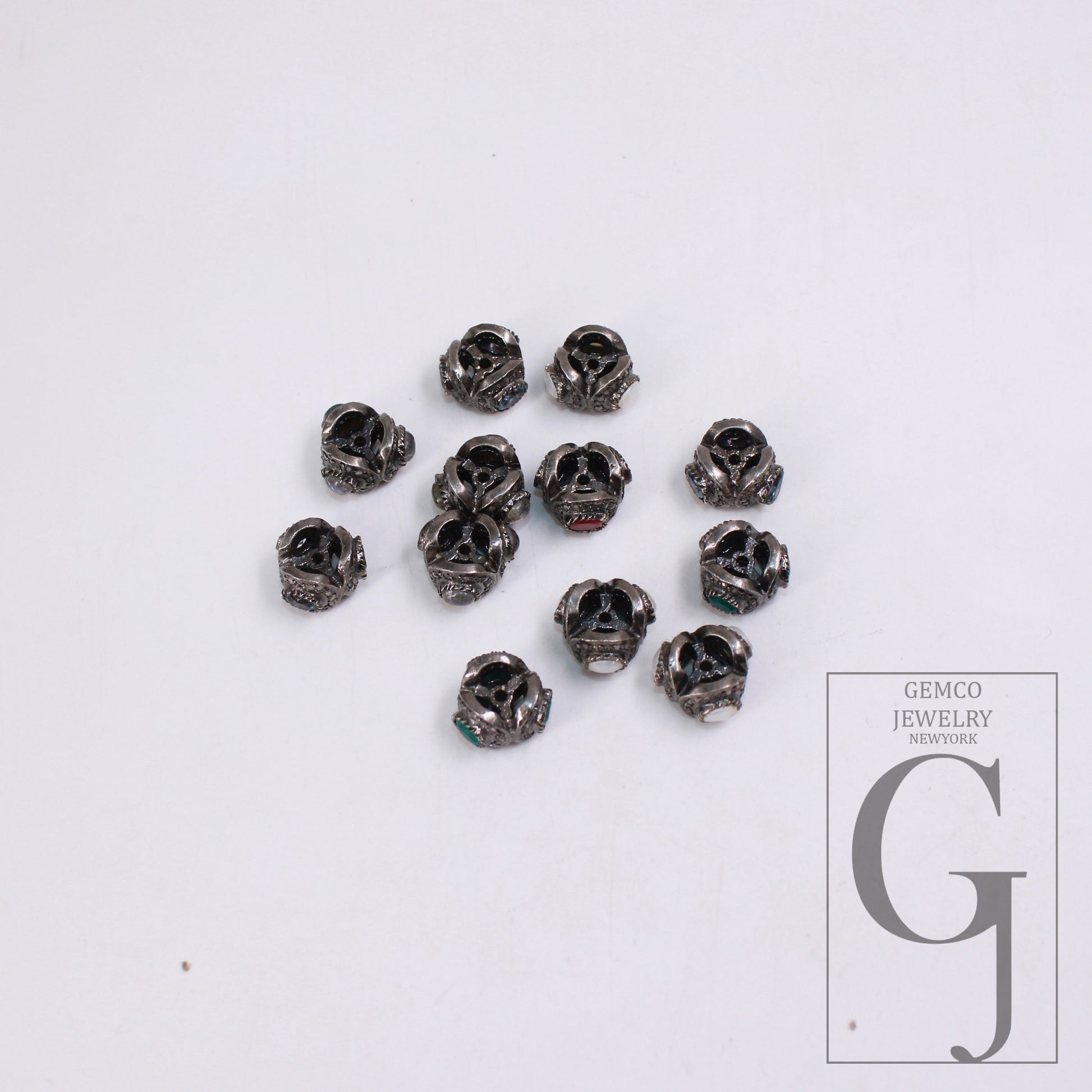 1pc Pave Rosecut Diamond 925 Sterling Silver Handmade Pave Diamond With Different Gem Stones Rondelles/Bead/Spacer 12mm Size Jewley Supplies