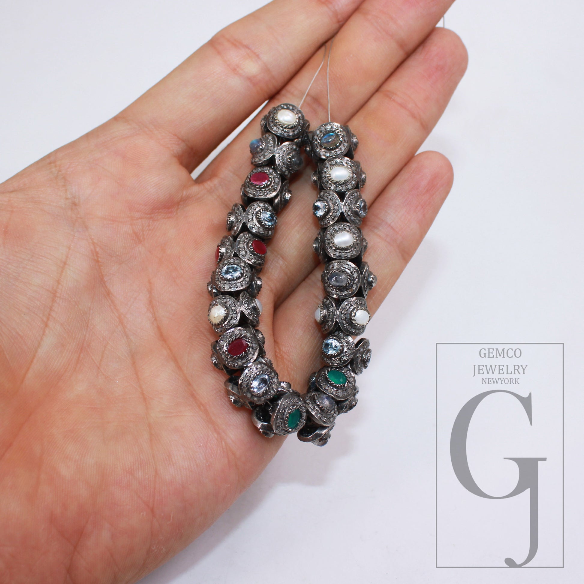 1pc Pave Rosecut Diamond 925 Sterling Silver Handmade Pave Diamond With Different Gem Stones Rondelles/Bead/Spacer 12mm Size Jewley Supplies