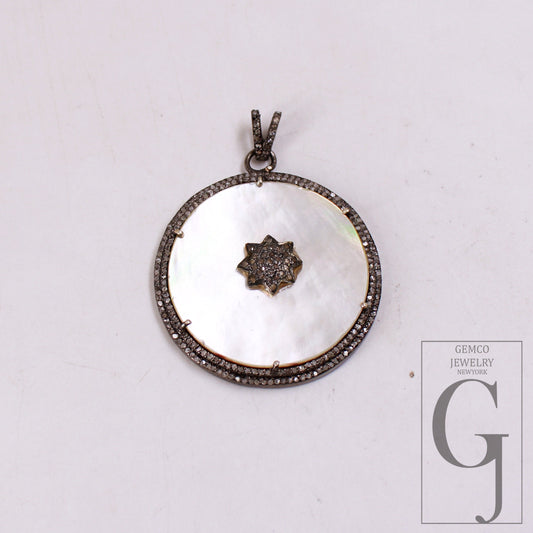 1pc Starburst Mother Of Pearl Pendant Rosecut Pave Diamond Pendant 925 Sterling Silver Handmade Finish Diamond Charms Necklace Pendant