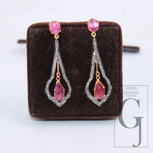 Beautiful 14k Ruby Earring Designer Rosecut Pave Diamond Earrings 925 Sterling Silver Handmade Silver Finish Diamond Jewelry Earring