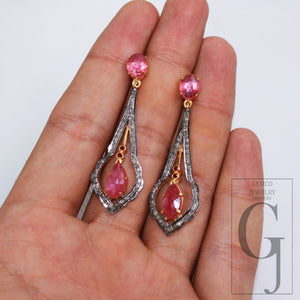 Beautiful 14k Ruby Earring Designer Rosecut Pave Diamond Earrings 925 Sterling Silver Handmade Silver Finish Diamond Jewelry Earring