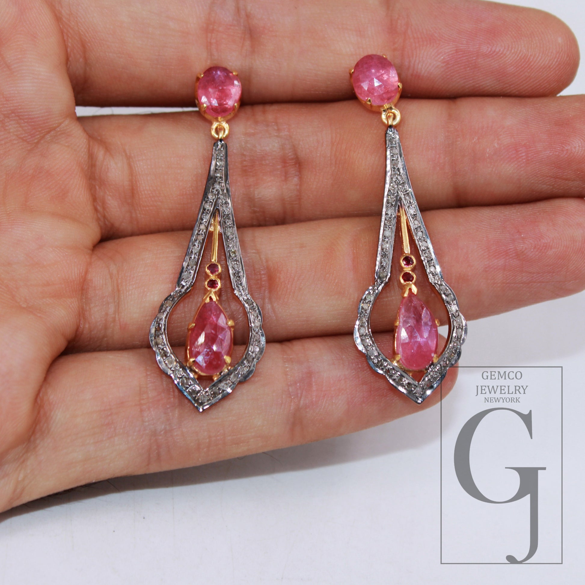 Beautiful 14k Ruby earring designer Rosecut pave diamond earrings 925 sterling silver handmade silver finish diamond jewelry earring