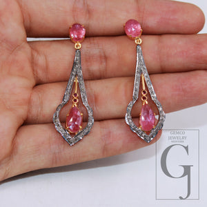 Beautiful 14k Ruby earring designer Rosecut pave diamond earrings 925 sterling silver handmade silver finish diamond jewelry earring