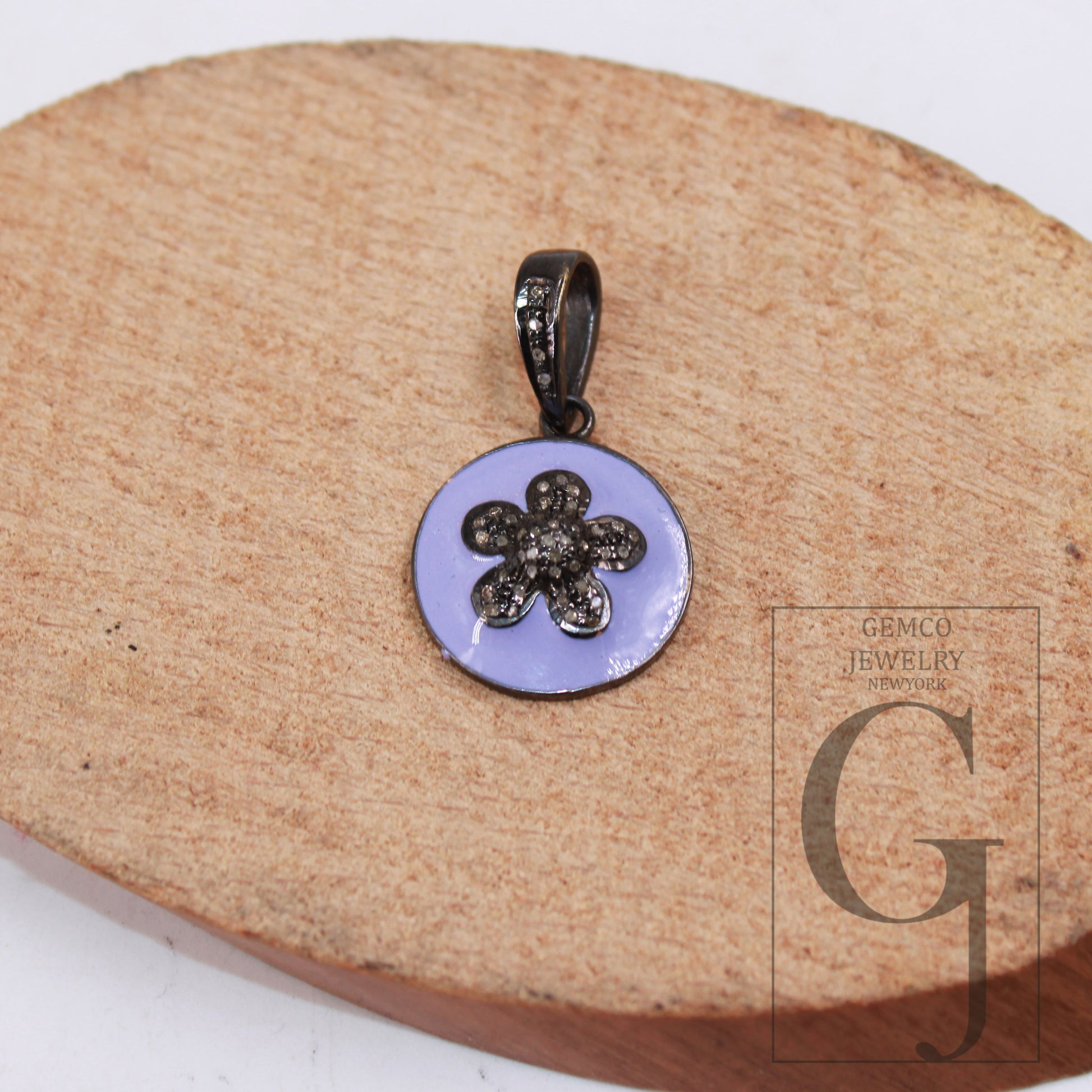 Lavender Enameling Flower Pendant Designer Rosecut Pave Diamond Pendant Sterling 925 Silver Handmade Finish Diamond Charms Necklace Pendant