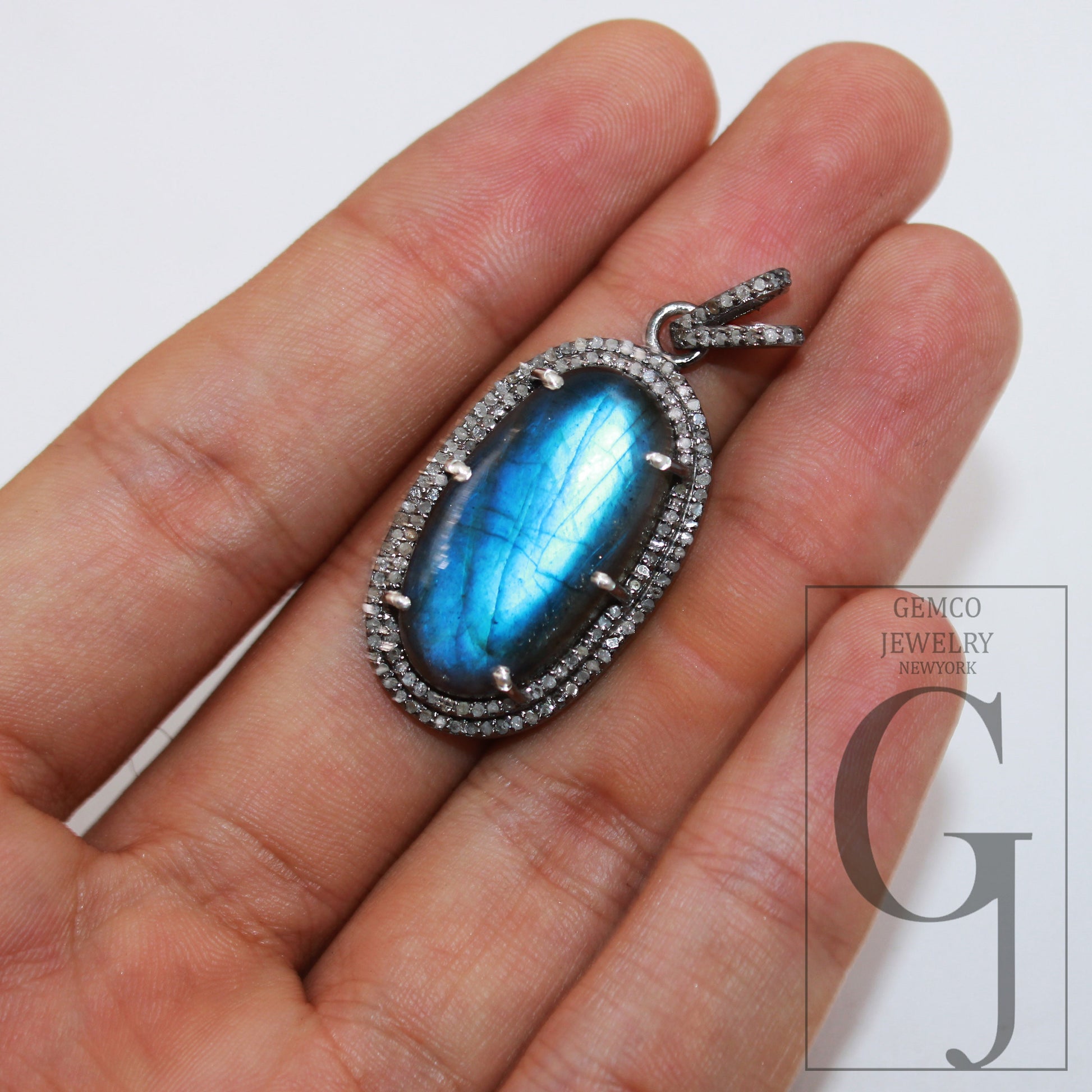 1pc Beautiful Designer Labradorite Pendant Rosecut Pave Diamond Pendant 925 Sterling Silver Handmade Finish Diamond Charms Necklace Pendant