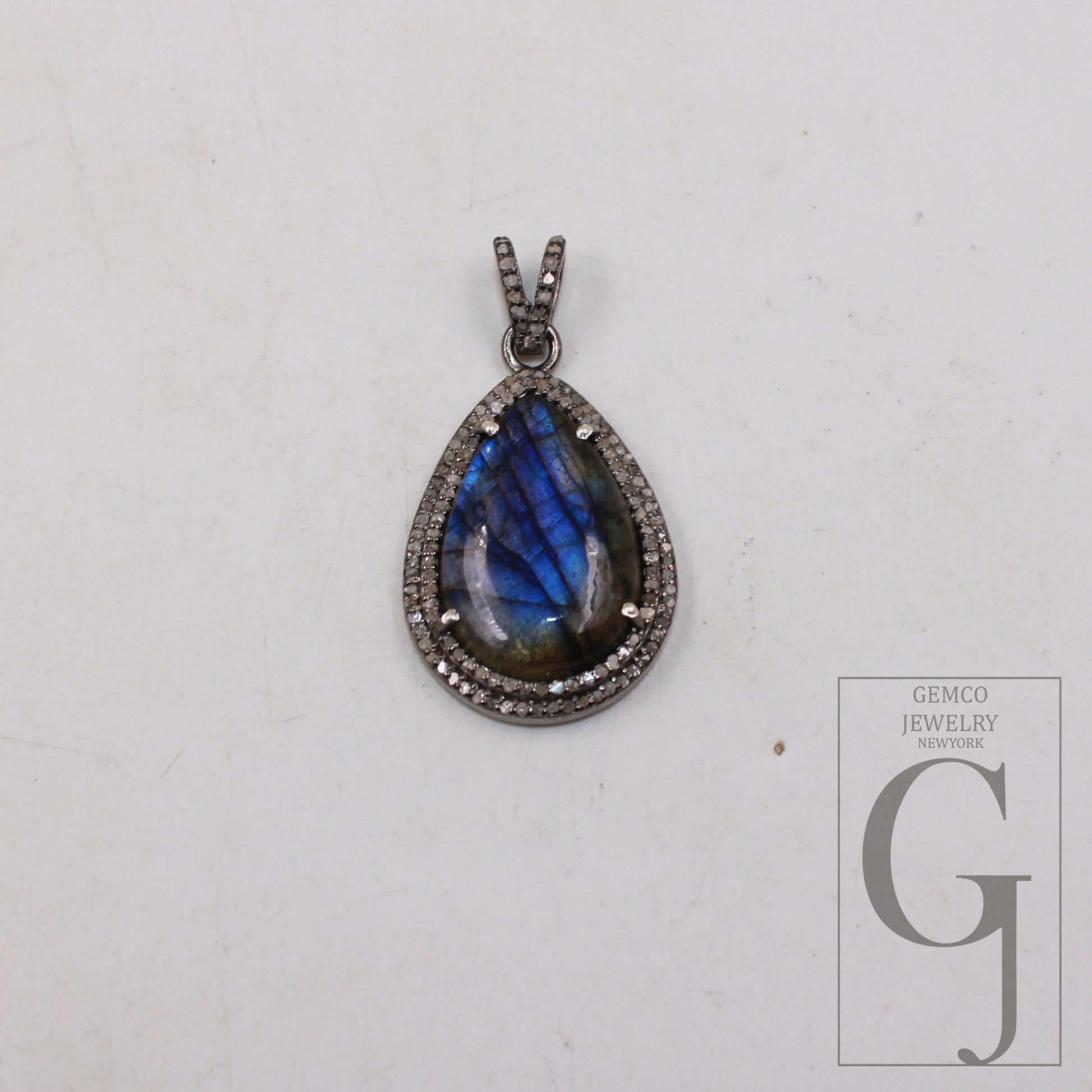 Antique Finish Blue Fire Labradorite Pendant Rosecut Pave Diamond Pendant 925 Sterling Silver Handmade Finish Diamond Charm Necklace Pendant