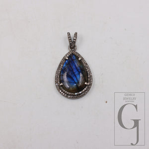 Antique Finish Blue Fire Labradorite Pendant Rosecut Pave Diamond Pendant 925 Sterling Silver Handmade Finish Diamond Charm Necklace Pendant