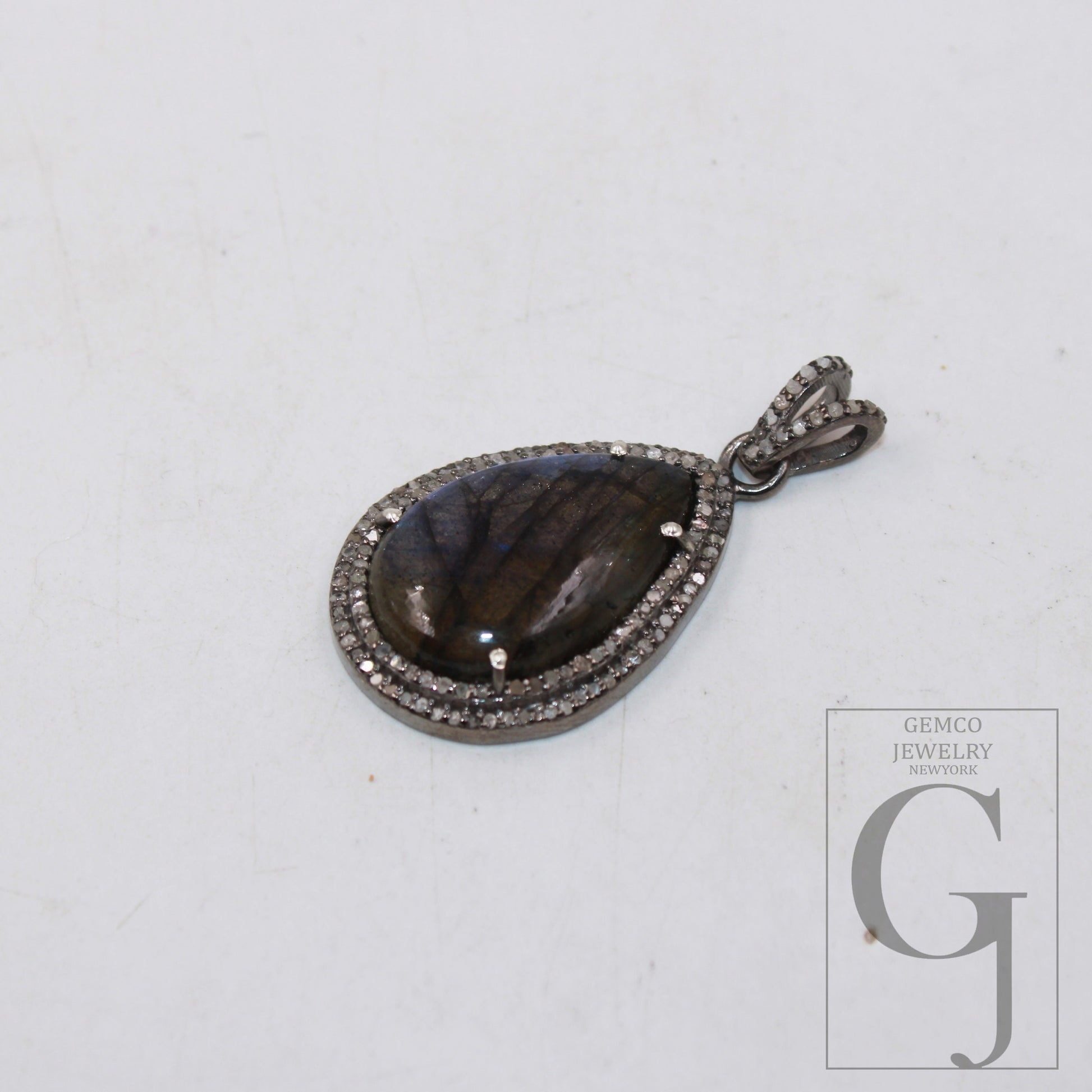Antique Finish Blue Fire Labradorite Pendant Rosecut Pave Diamond Pendant 925 Sterling Silver Handmade Finish Diamond Charm Necklace Pendant