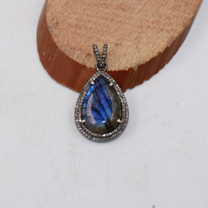 Antique finish blue fire labradorite pendant Rosecut pave diamond pendant 925 sterling silver handmade finish diamond charm necklace pendant healing pendant