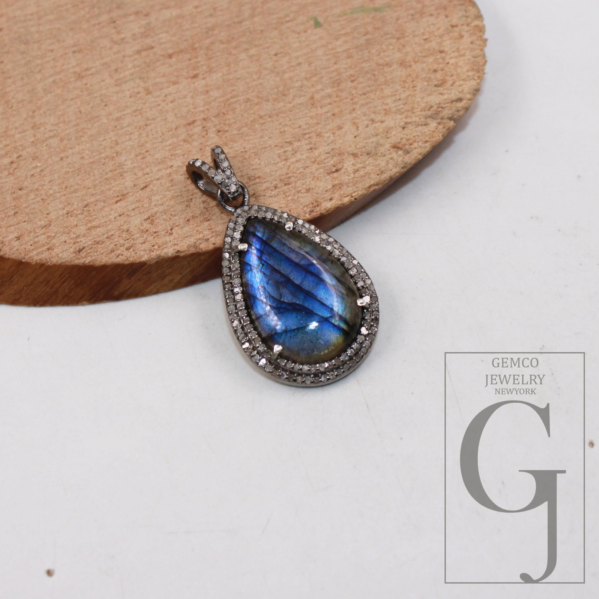 Antique finish blue fire labradorite pendant Rosecut pave diamond pendant 925 sterling silver handmade finish diamond charm necklace pendant