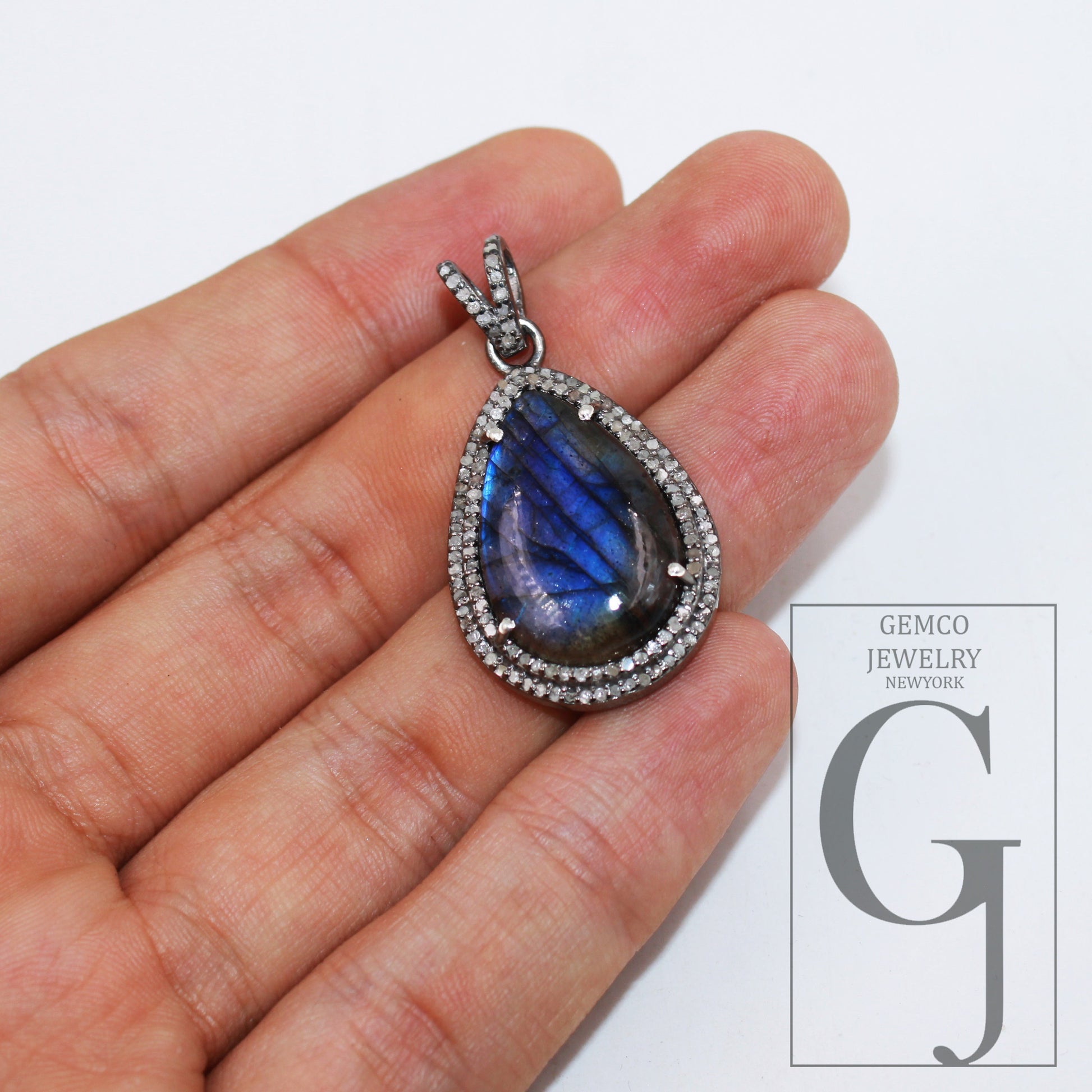 Antique finish blue fire labradorite pendant Rosecut pave diamond pendant 925 sterling silver handmade finish diamond charm necklace pendant