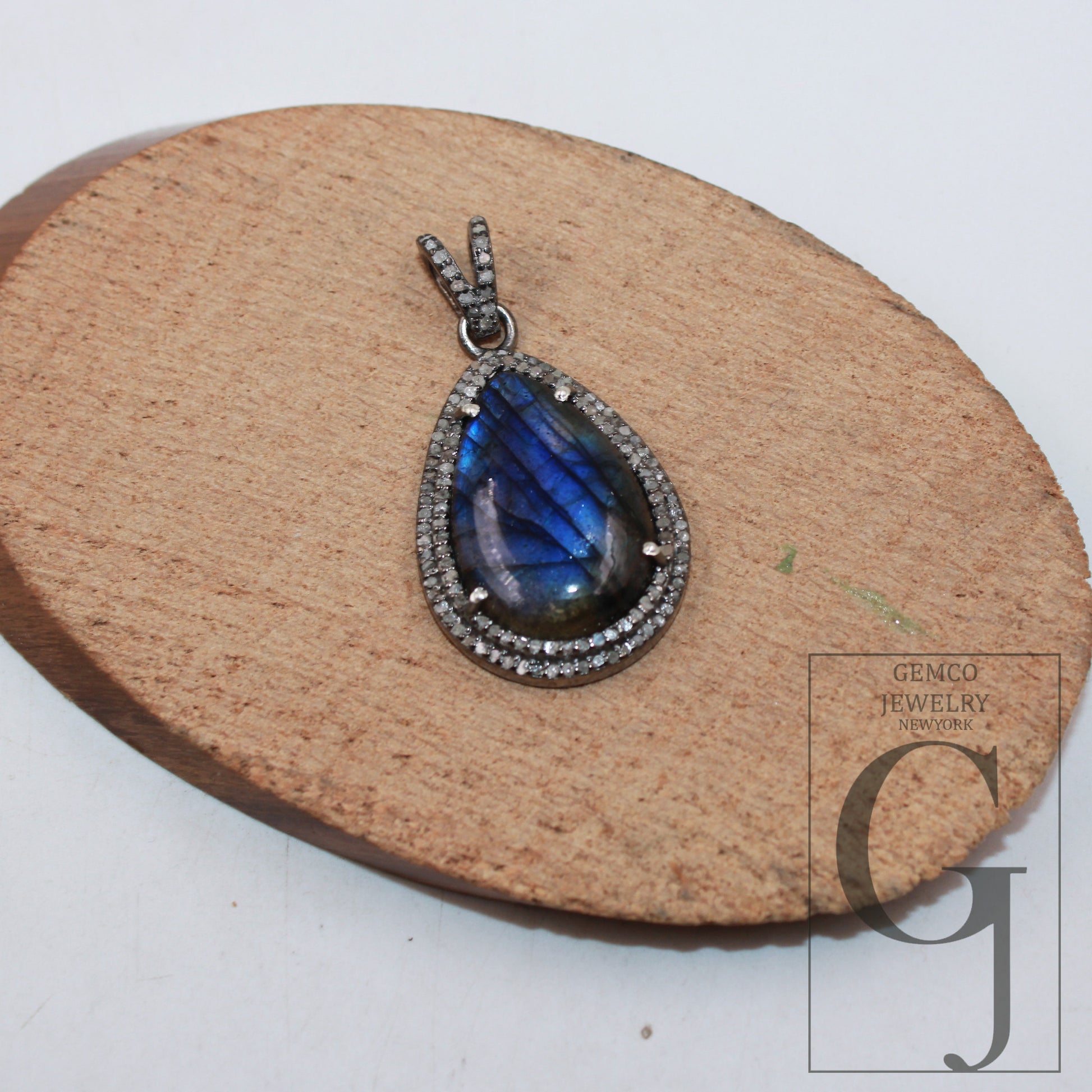 Antique finish blue fire labradorite pendant Rosecut pave diamond pendant 925 sterling silver handmade finish diamond charm necklace pendant