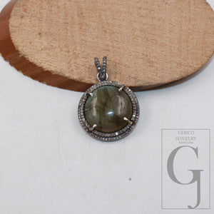 1pc Antique Round labradorite pendant designer Rosecut pave diamond 925 sterling silver handmade finish pendant diamond charm necklace