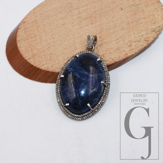 Sodalite Gemstone Healing Pendant Designer Rosecut Pave Diamond Pendant 925 Sterling Silver Handmade Finish Diamond Charms Necklace Pendant