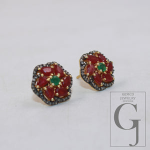 14k Gold Finish Designer Red Ruby And Emerald Earring Pave Rosecut Diamond 925 Sterling Silver Handmade Diamond Pave Stud Earrings Jewelry