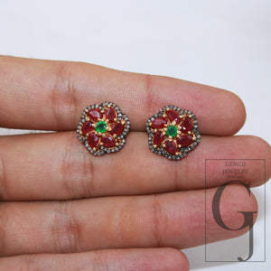 14k Gold Finish Designer Red Ruby And Emerald Earring Pave Rosecut Diamond 925 Sterling Silver Handmade Diamond Pave Stud Earrings Jewelry