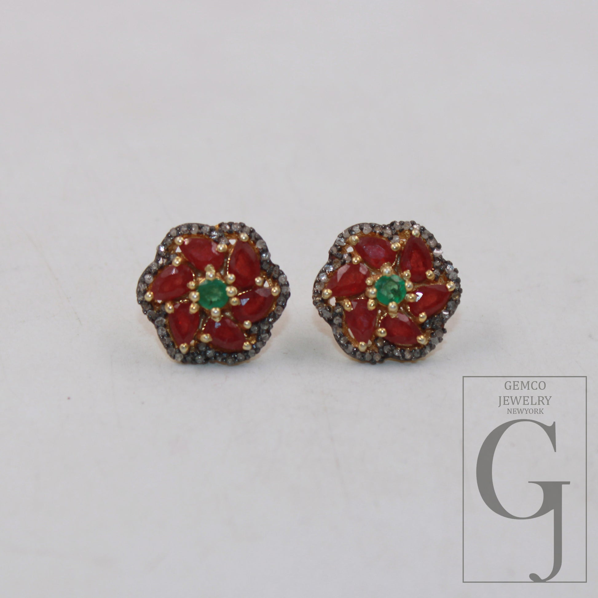 14k Gold Finish Designer Red Ruby And Emerald Earring Pave Rosecut Diamond 925 Sterling Silver Handmade Diamond Pave Stud Earrings Jewelry