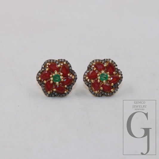 14k Gold Finish Designer Red Ruby And Emerald Earring Pave Rosecut Diamond 925 Sterling Silver Handmade Diamond Pave Stud Earrings Jewelry