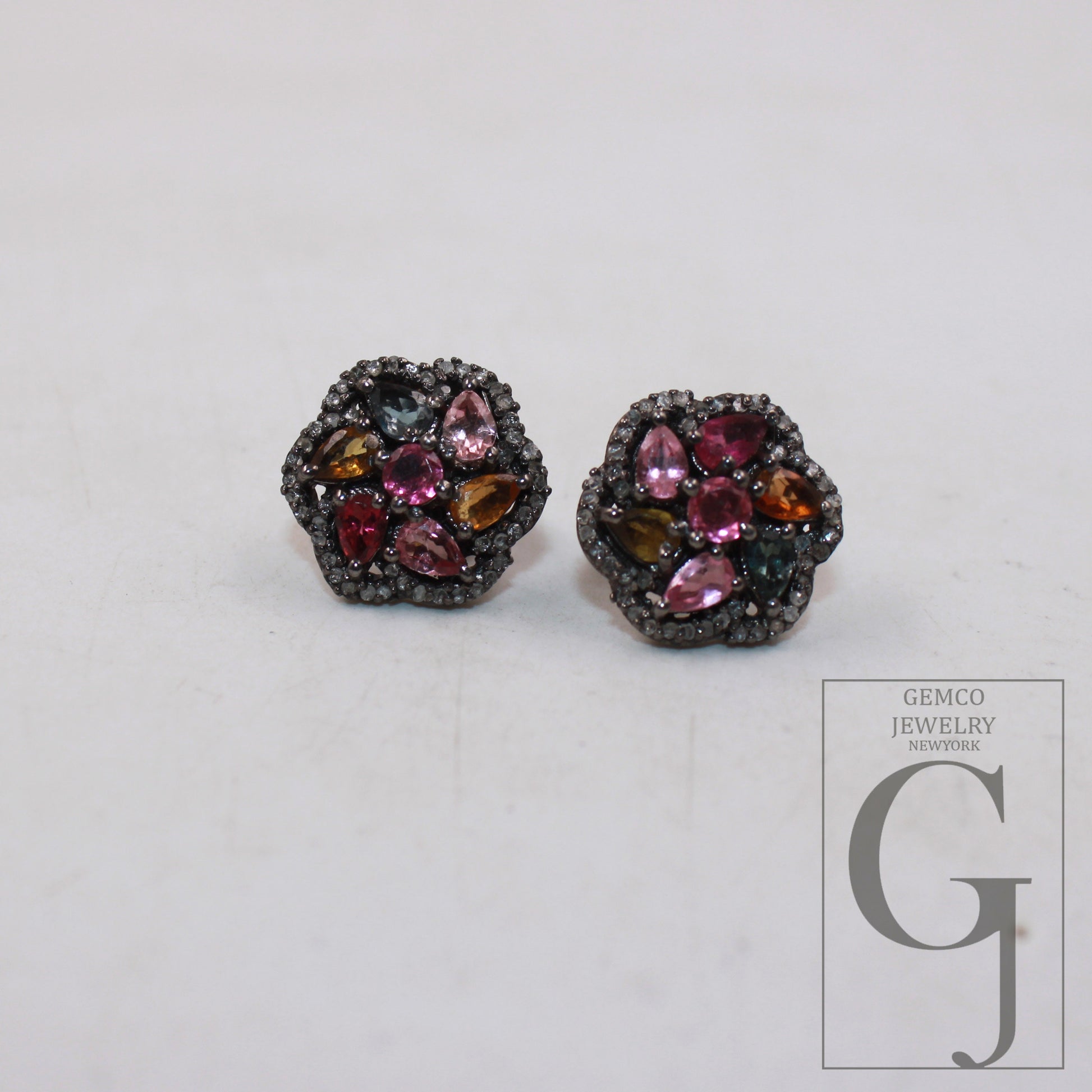 1 Pair Flower Designer Multi Tourmaline Earring Pave Rosecut Diamond 925 Sterling Silver Handmade Finish Diamond Pave Stud Earrings Jewelry