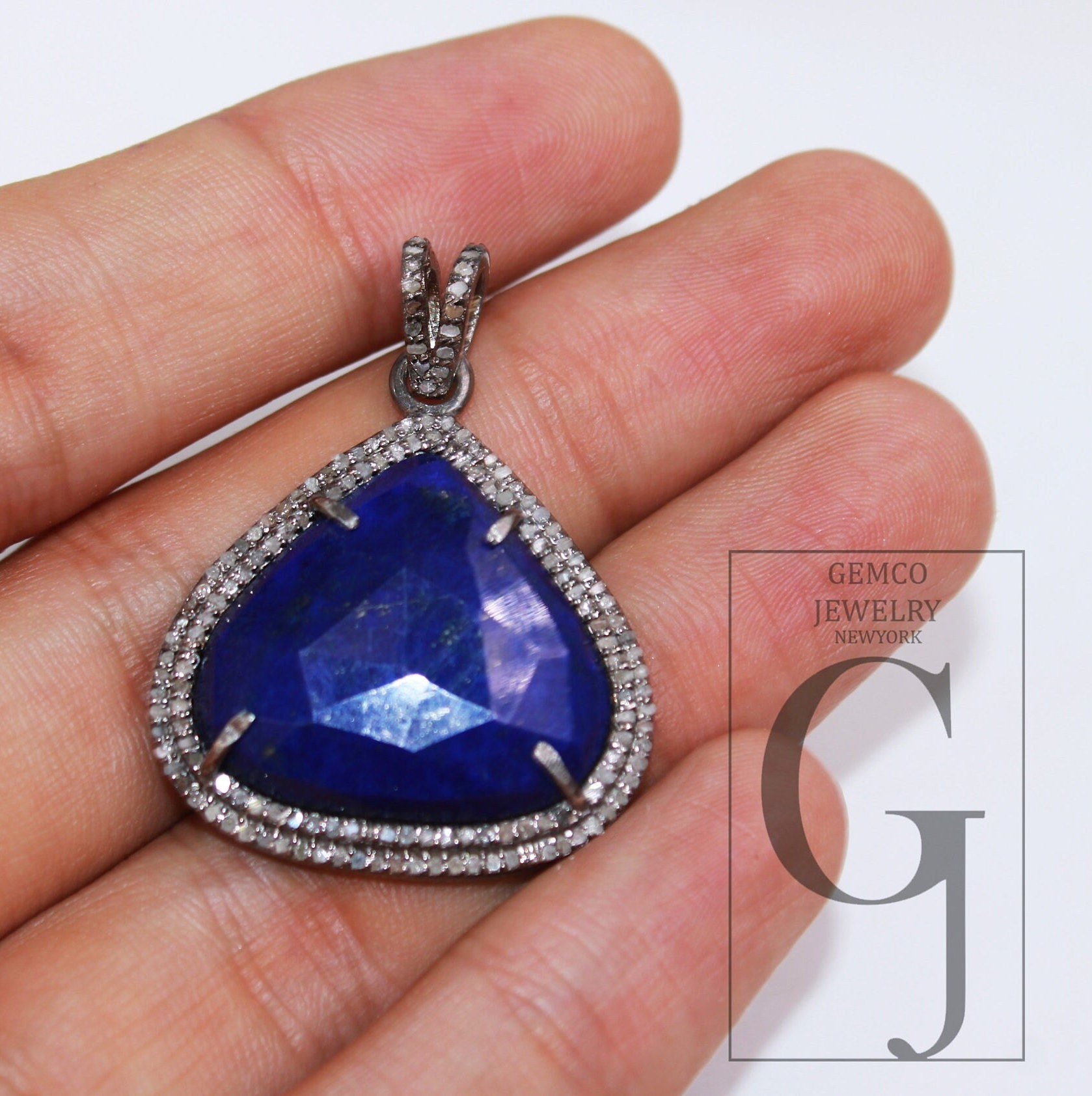 1pc Beautiful Designer Lapis Pendant Rosecut Pave Diamond Pendant 925 Sterling Silver Handmade Finish Diamond Charm Necklace Pendant Jewelry