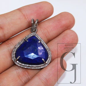 1pc Beautiful Designer Lapis Pendant Rosecut Pave Diamond Pendant 925 Sterling Silver Handmade Finish Diamond Charm Necklace Pendant Jewelry