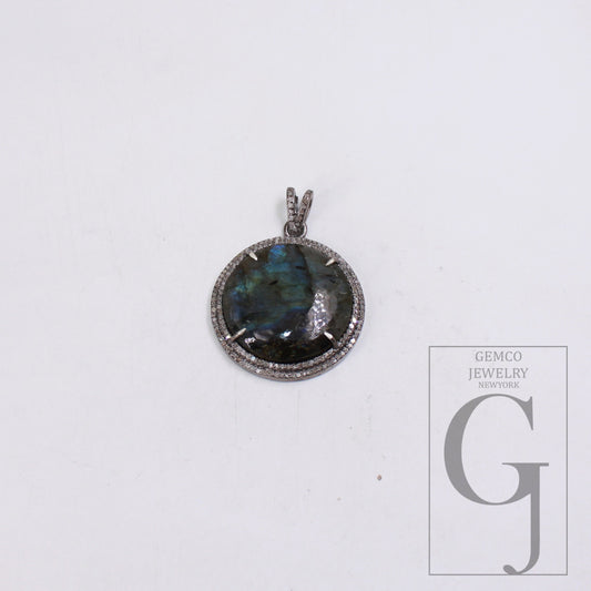 1pc Round Natural Labradorite Pendant Designer Rosecut Pave Diamond 925 Sterling Silver Handmade Finish Pendant Diamond Charm Necklace