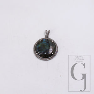 1pc Round Natural Labradorite Pendant Designer Rosecut Pave Diamond 925 Sterling Silver Handmade Finish Pendant Diamond Charm Necklace
