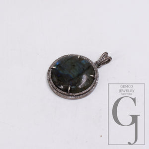1pc Round Natural Labradorite Pendant Designer Rosecut Pave Diamond 925 Sterling Silver Handmade Finish Pendant Diamond Charm Necklace