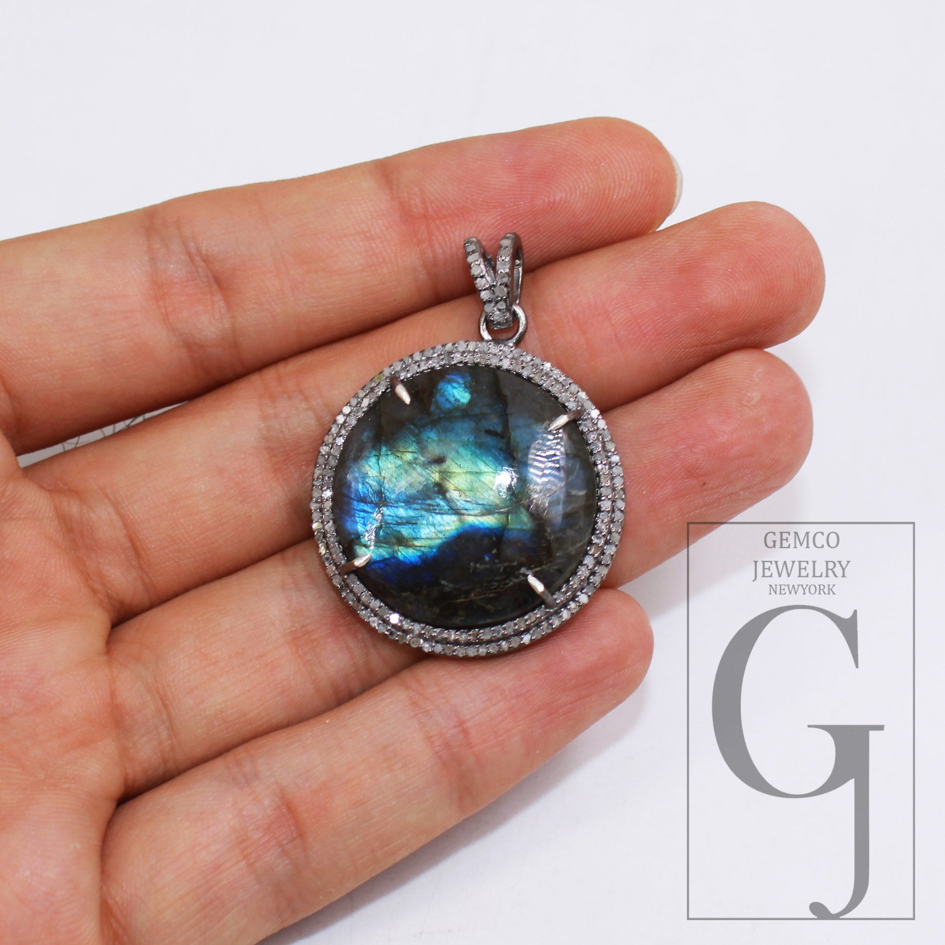 1pc Round Natural Labradorite Pendant Designer Rosecut Pave Diamond 925 Sterling Silver Handmade Finish Pendant Diamond Charm Necklace