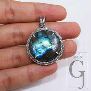 1pc Round shape labradorite pendant designer Rosecut pave diamond 925 sterling silver handmade finish pendant diamond charm necklace pendant
