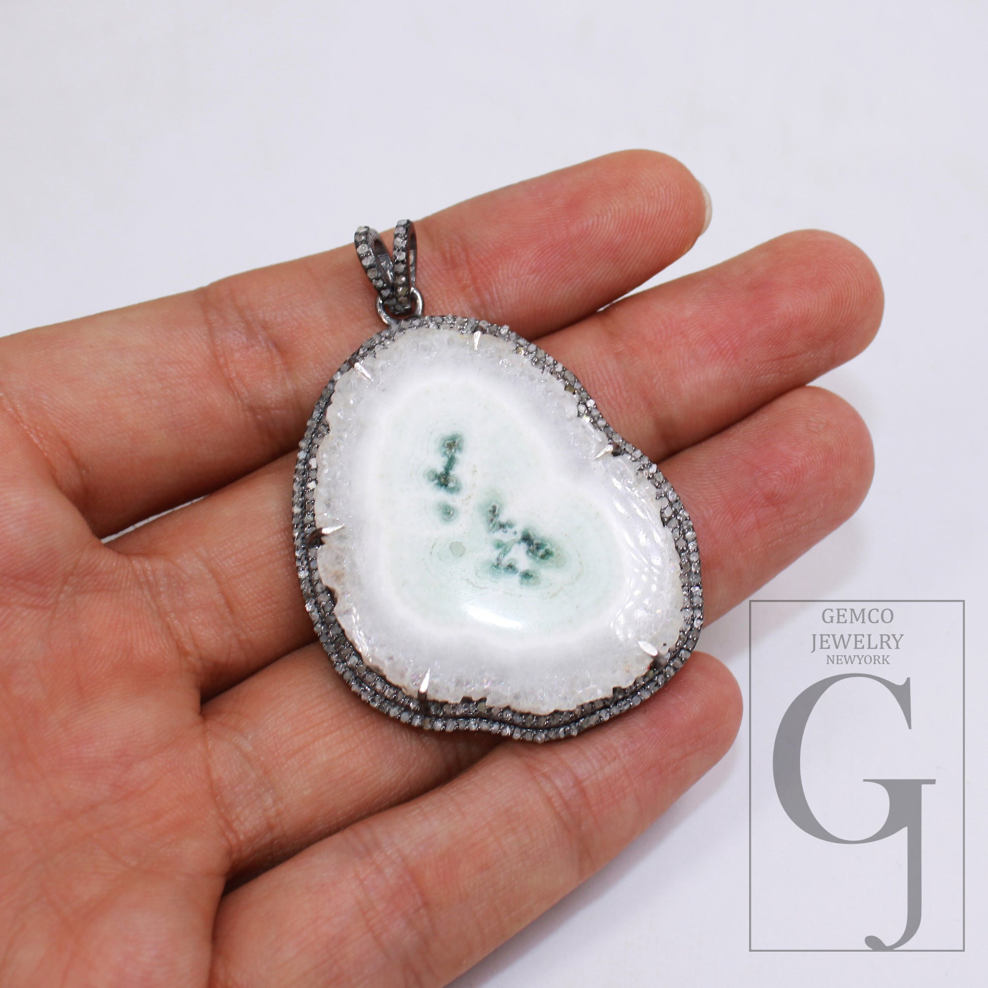 White SOLAR Agate pendant Druzy Agate Slice Rosecut pave diamond pendant 925 sterling silver handmade finish diamond charm necklace pendant