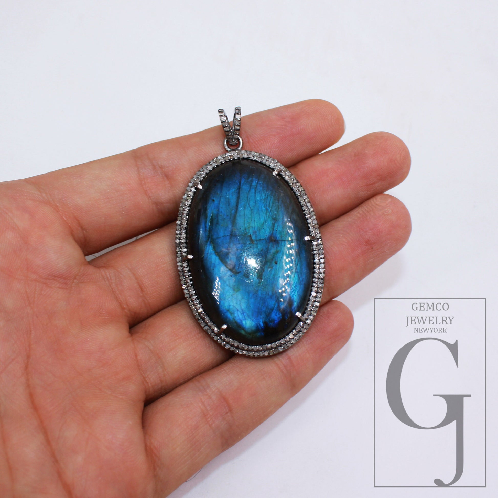 1pc Oxidized designer labradorite pendant Rosecut pave diamond pendant 925 sterling silver handmade finish diamond charms necklace pendant