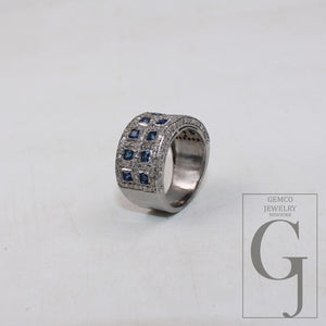 Oxidized finish princess cut Blue sapphire ring designer Rosecut pave diamond rings 925 sterling silver handmade silver finish diamond ring