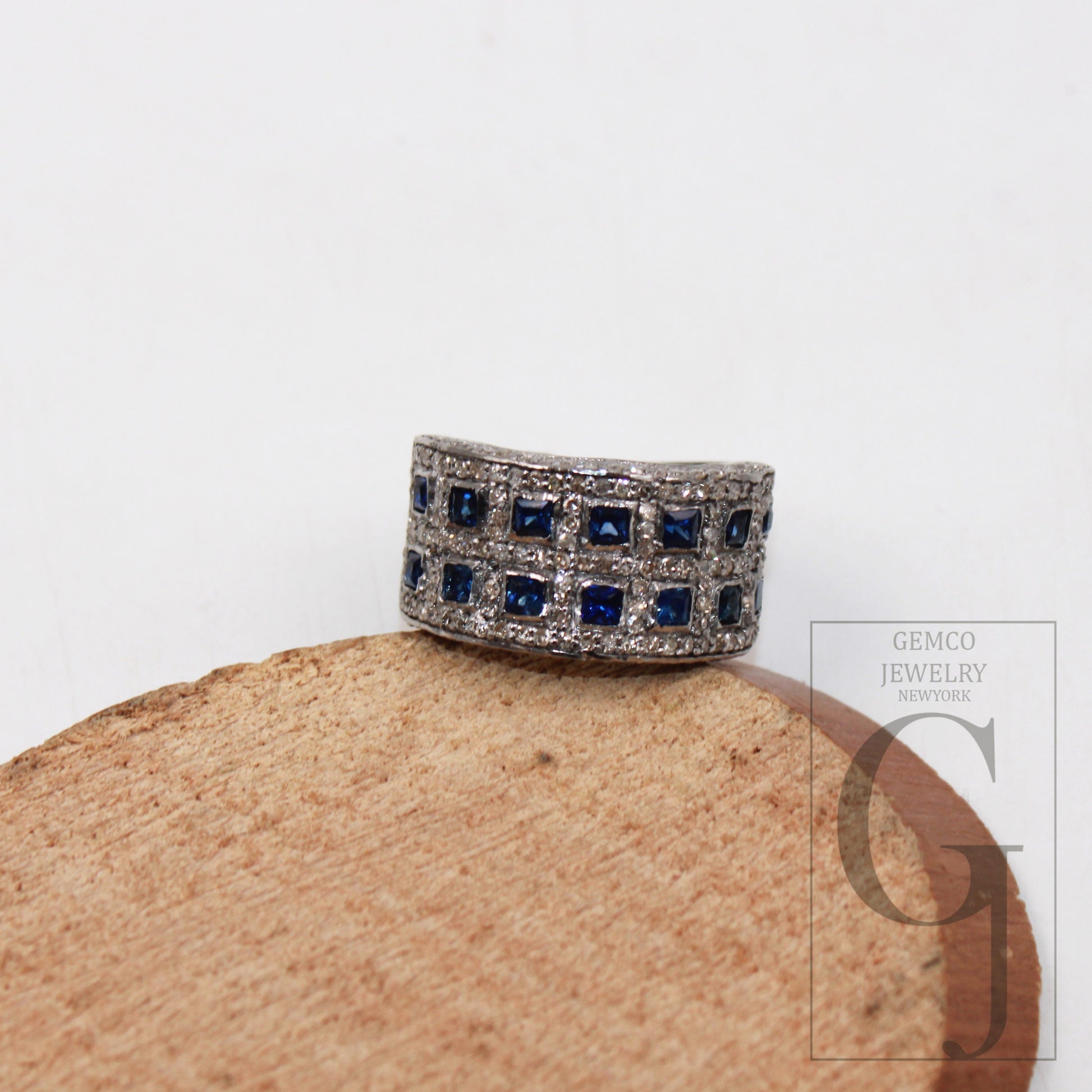 AAA Princess Cut Square Blue Sapphire  Ring Designer Rosecut Pave Diamond Rings 925 Sterling Silver Handmade Silver Finish Diamond Ring