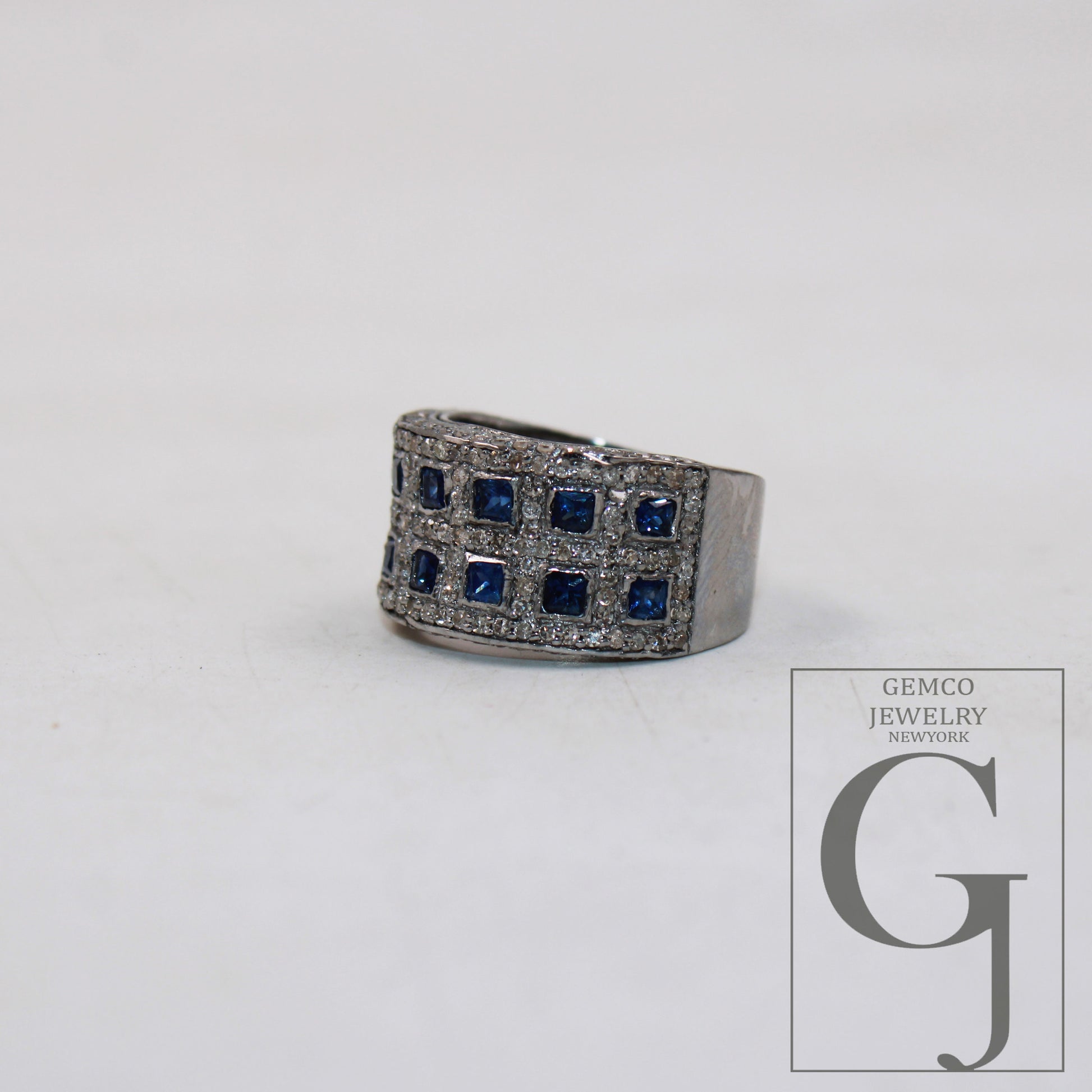 AAA Princess Cut Square Blue Sapphire  Ring Designer Rosecut Pave Diamond Rings 925 Sterling Silver Handmade Silver Finish Diamond Ring