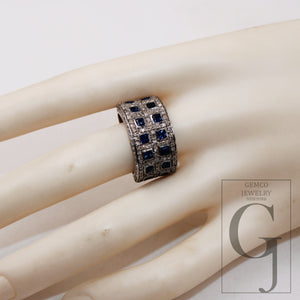 AAA Princess Cut Square Blue Sapphire  Ring Designer Rosecut Pave Diamond Rings 925 Sterling Silver Handmade Silver Finish Diamond Ring