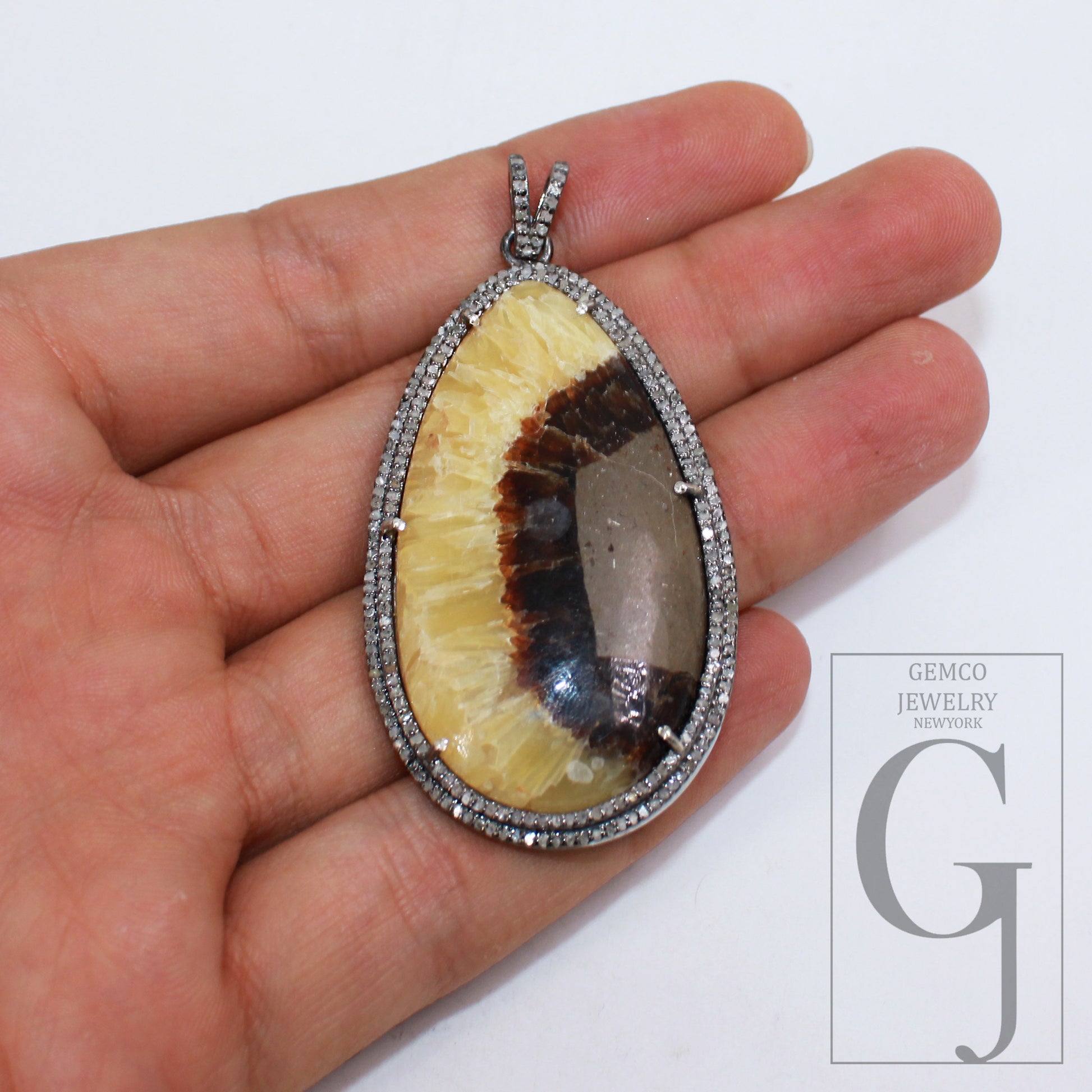 1pc Septarian Jasper Pendant Gemstone Designer Rosecut Pave Diamond Pendant 925 Sterling Silver Handmade Finish Diamond Necklace Pendant