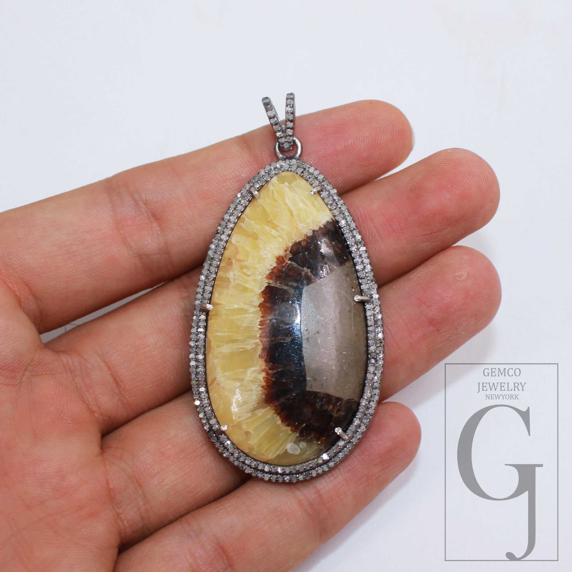 1pc Septarian Jasper Pendant Gemstone Designer Rosecut Pave Diamond Pendant 925 Sterling Silver Handmade Finish Diamond Necklace Pendant