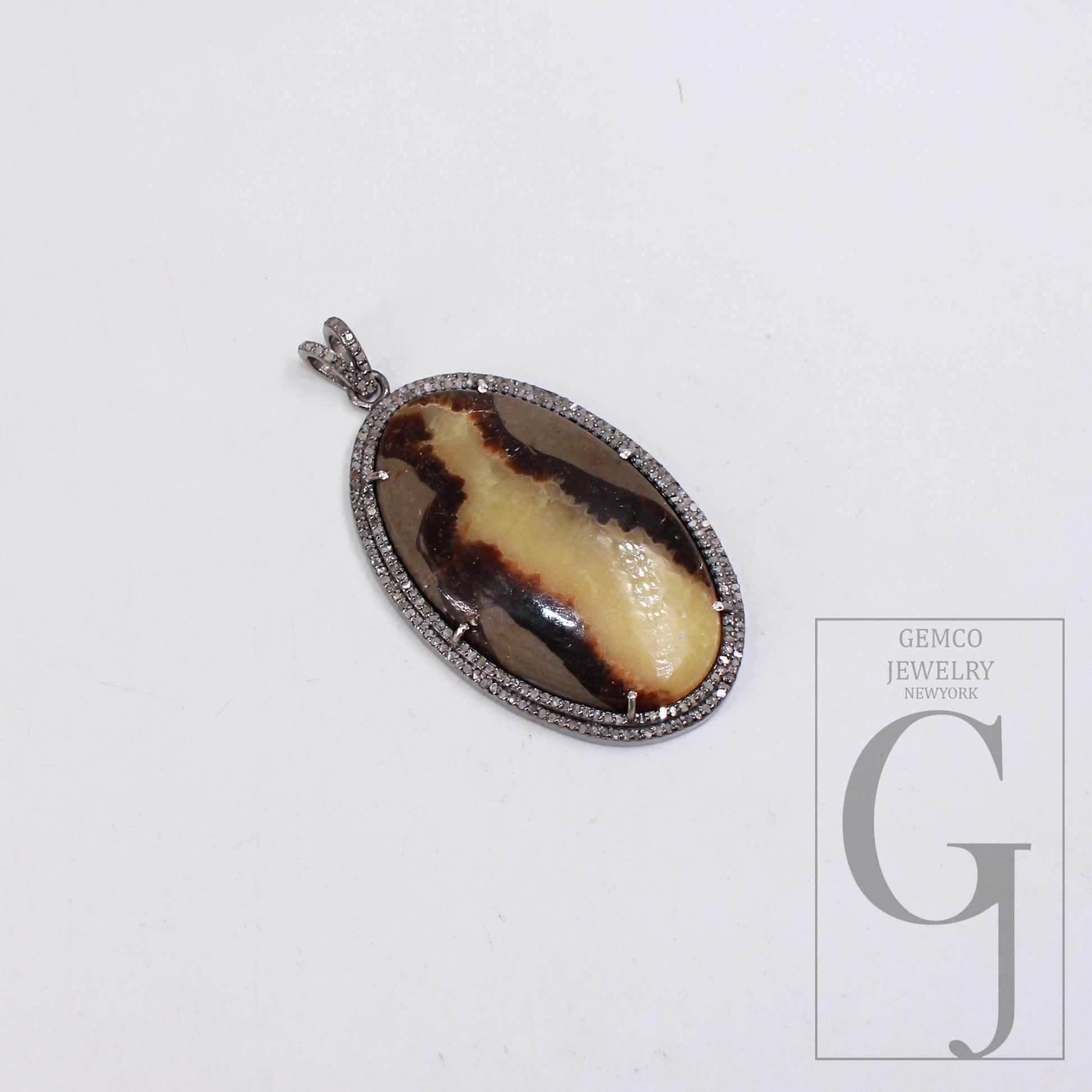 Yellow Septarian jasper pendant gemstone designer Rosecut pave diamond pendant 925 sterling silver handmade finish diamond necklace pendant