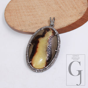 Yellow Septarian jasper pendant gemstone designer Rosecut pave diamond pendant 925 sterling silver handmade finish diamond necklace pendant