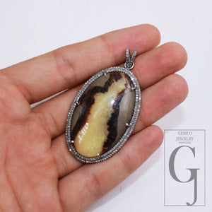 Yellow Septarian jasper pendant gemstone designer Rosecut pave diamond pendant 925 sterling silver handmade finish diamond necklace pendant