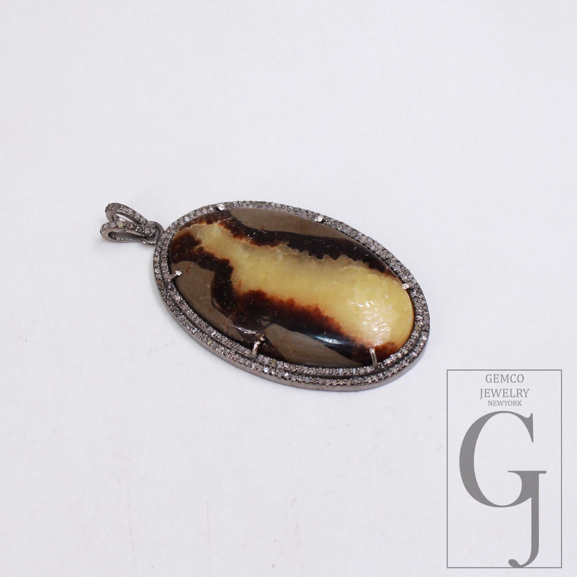 Yellow Septarian jasper pendant gemstone designer Rosecut pave diamond pendant 925 sterling silver handmade finish diamond necklace pendant